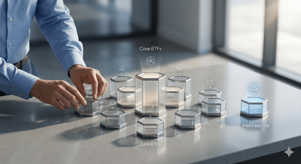"A professional businessman carefully organizing ten hexagonal glass containers on a desk, representing a structured 10-asset portfolio strategy consisting of ETFs, bonds, and individual stocks."