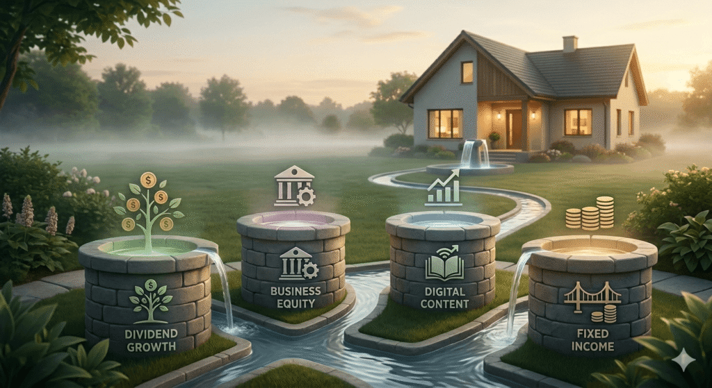 "A metaphoric visualization of a four-well strategy for generating passive income in retirement, showing connected stone wells in a peaceful garden at sunset flowing water towards a comfortable house. Each well represents a different stream like dividends, business, content, and fixed income."