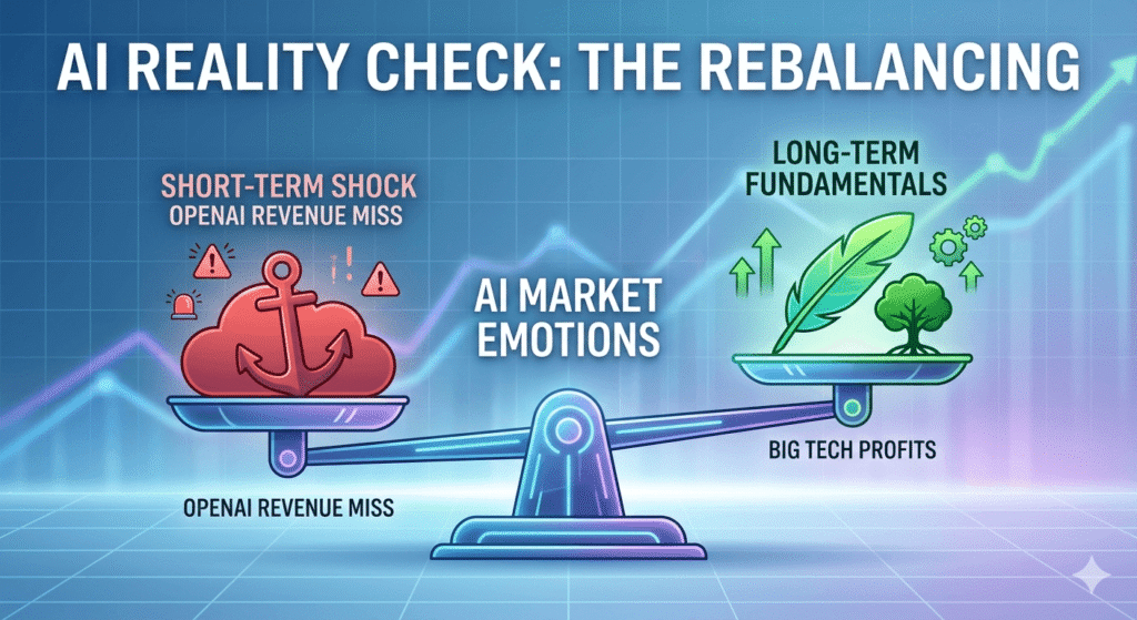 A conceptual vector illustration of a balance scale showing 'SHORT-TERM SHOCK' from 'OPENAI REVENUE MISS' being balanced by 'LONG-TERM FUNDAMENTALS' and 'BIG TECH PROFITS', symbolizing an AI market reality check.