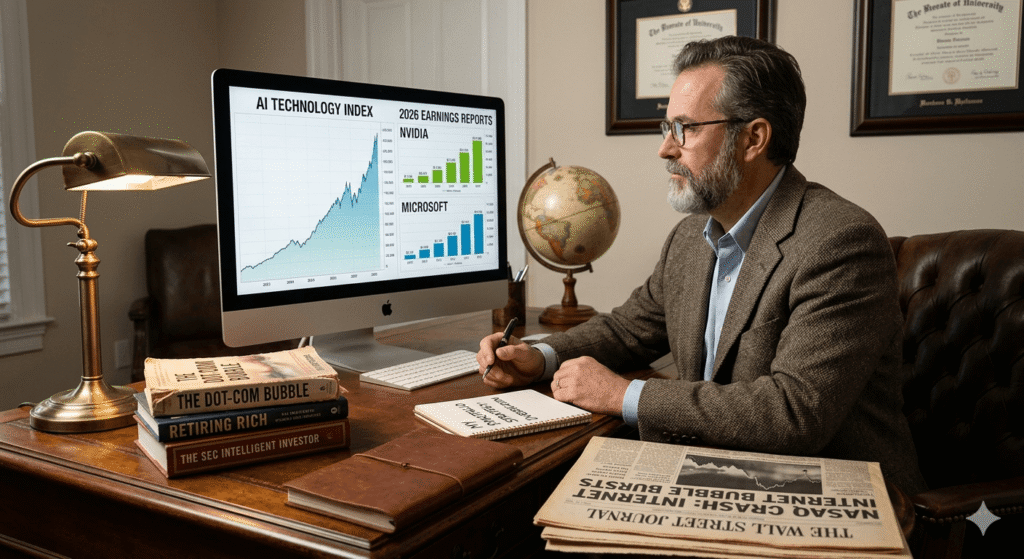 A thoughtful retirement investor sits at an antique desk, comparing a vintage 2000 newspaper headline about the Dot-com bubble burst with a modern computer screen displaying current, profitable AI technology stock charts.