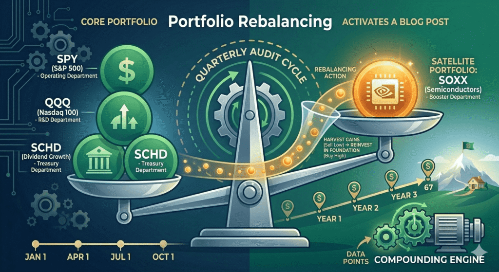 An infographic illustrating a disciplined portfolio rebalancing system. On a metallic balance scale, the left pan holds a stable 'Core Portfolio' of SPY, QQQ, and SCHD ETFs, while the right pan holds a growth-oriented 'Satellite Portfolio' with SOXX (Semiconductors). A clockwise arrow labeled 'Rebalancing Action' from the Satellite to the Core pan symbolizes harvesting gains from the satellite and reinvesting them into the core foundation. A 'Quarterly Audit Cycle' wheel and a 17-year timeline emphasize long-term, systematic wealth building."