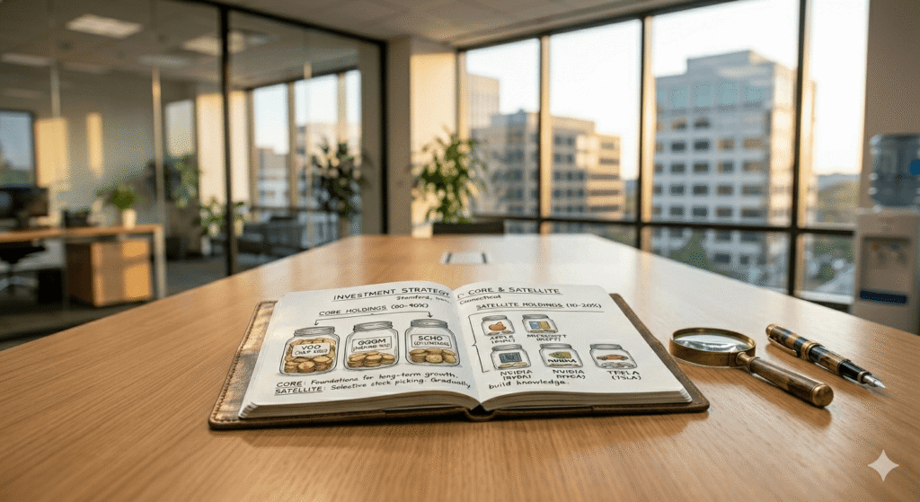 A handsomely weathered leather notebook, previously featured in image_20.png, rests open on a polished marble conference table, displaying the detailed Core Holdings (VOO, QQQM, SCHD) and Satellite Holdings (AAPL, MSFT, NVDA, TSLA) diagram, in a modern corporate office setting with floor-to-ceiling windows overlooking the Stamford, Connecticut financial district. A magnifying glass and fountain pen lie beside the notebook. Global market charts and office technology can be seen blurred in the background. No people are visible. Warm, late afternoon light.