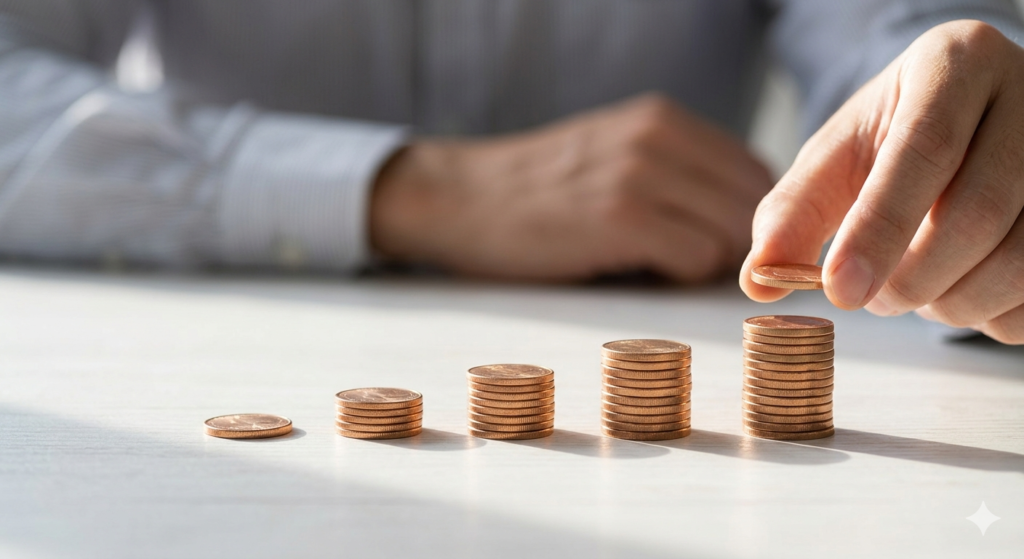 "A hand placing a coin on a growing stack of coins, symbolizing dollar-cost averaging, consistent investment growth, and a systematic savings plan."