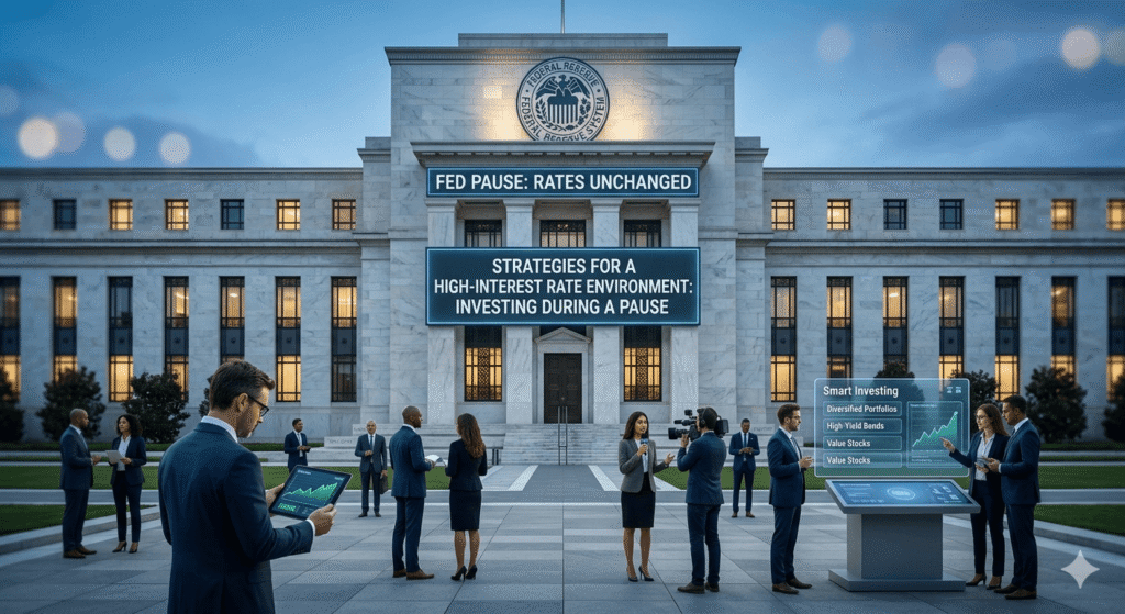 Financial professionals gathered in front of the Federal Reserve building, discussing investment strategies while viewing tablets and holographic stock charts. The building features digital displays showing "FED PAUSE: RATES UNCHANGED" and "STRATEGIES FOR A HIGH-INTEREST RATE ENVIRONMENT," visually representing smart investing concepts during a period of paused interest rate hikes.
