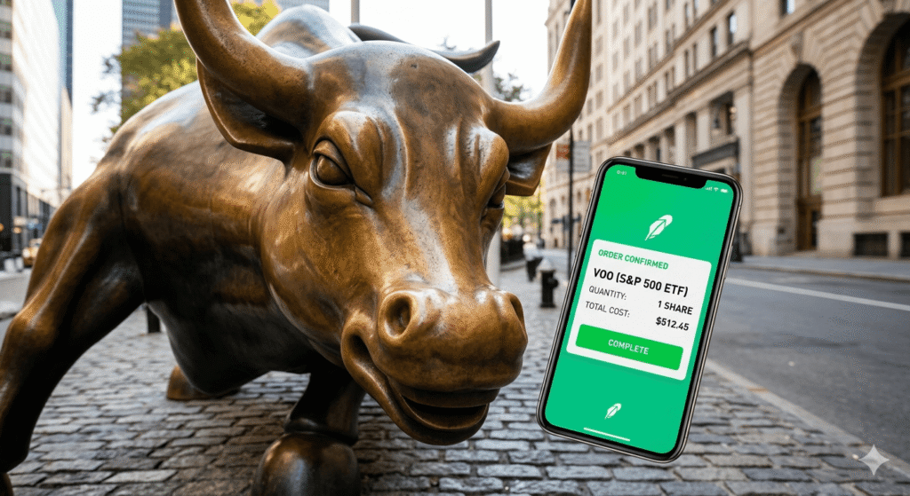 The iconic Charging Bull statue on Wall Street positioned next to a smartphone displaying a Robinhood app order confirmation screen for a purchase of one share of VOO (S&P 500 ETF), representing the first step in a long-term retirement investment strategy.
