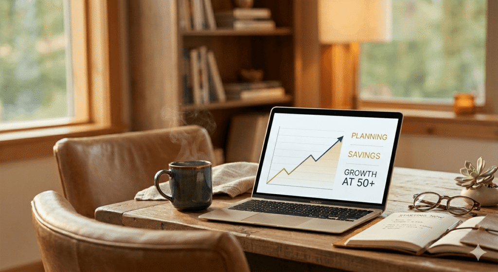 A tablet displaying a rising stock market graph with the text "Growth at 50+", symbolizing successful retirement planning and investment for people over 50.