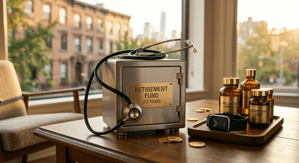 A professional, secure miniature safe labeled "RETIREMENT FUND (17-YEAR)" on a sunlit wooden table, with a stethoscope and a bottle of high-quality vitamins resting directly on top, symbolizing health as the essential 'security detail' that protects financial assets for long-term wealth, warm afternoon lighting, photorealistic.