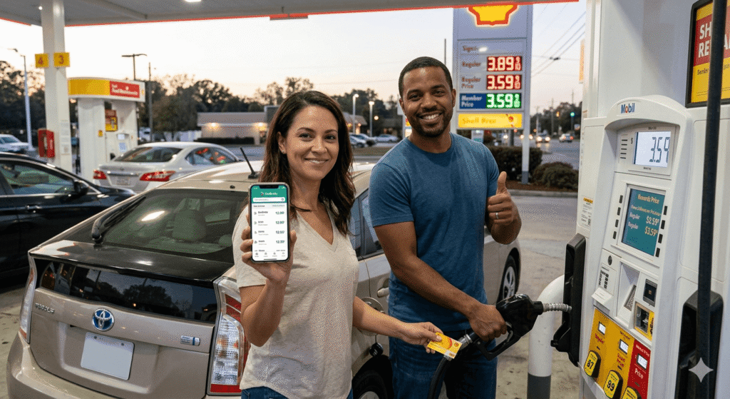 A couple smiling at an American gas station, using a smartphone fuel savings app and a loyalty card while refueling a fuel-efficient car at sunset.