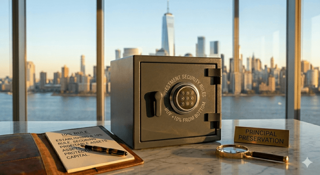 A professional close-up of a modern grey security safe on a polished marble desk inside a high-rise office overlooking the Stamford, Connecticut skyline at sunset. Engraved on the safe's dial are 'INVESTMENT SECURITY RULES:' and 'BUY +10% FROM BOTTOM'. Next to the safe is a leather-bound notebook with the header '10% RULE: ESTABLISHING A 10% RULE. SECURING PROFITABLE ASSETS. PROTECTING CAPITAL.', a fountain pen, a magnifying glass, and a gold desk nameplate reading 'PRINCIPAL PRESERVATION'. The scene conveys discipline, financial security, and long-term investment strategy.