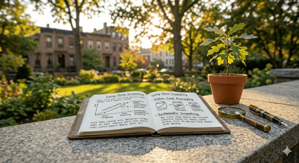 A photo from a sunlit Connecticut garden during golden hour, focused on a leather journal previously seen in image_22.png. The open pages detail strategies like Long-Term Investing, Dollar-Cost Averaging, and Systematic Accumulation with Korean handwritten notes. A young oak sapling in a terracotta pot sits near the notebook, representing growth, with a small glass watering can beside it symbolizing consistent care. The magnifying glass and fountain pen from image_22.png are also on the table. The background is a gently blurred garden landscape with historical brownstones in the distance. No people visible.