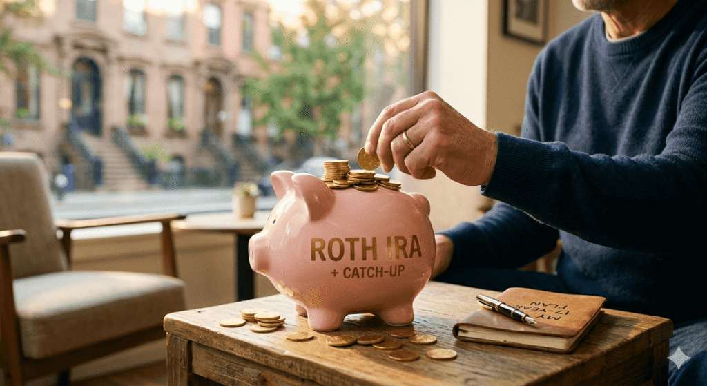 A pink ceramic piggy bank labeled "ROTH IRA + Catch-up" on a sunlit wooden table, with gold coins piling up around the coin slot and a hand about to insert another coin, symbolizing maximizing retirement savings with catch-up contributions.