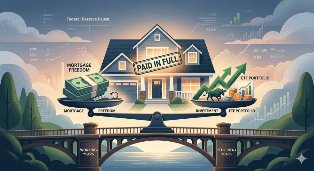 A conceptual illustration showing a scale balancing a house with a "PAID IN FULL" stamp and a stack of cash on one side, and a rising stock market chart with an "ETF PORTFOLIO" on the other. The background features a bridge transitioning from "Working Years" to "Retirement Years," symbolizing the strategic financial decisions needed for a secure retirement during a Federal Reserve pause.