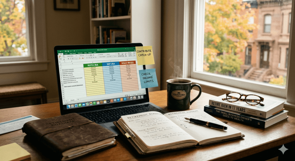 A thoughtful Korean-American small business owner's curated work desk in a Stamford, Connecticut, home office, showcasing financial planning materials like a ROTH IRA comparison chart, retirement journals, and books, without a person visible.