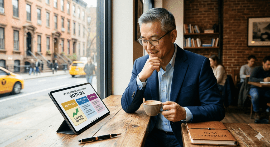 A thoughtful 50-year-old businessman in a New York cafe comparing retirement accounts like Roth IRA, SEP-IRA, and Solo 401(k) on a tablet screen, symbolizing smart financial planning for retirement.
