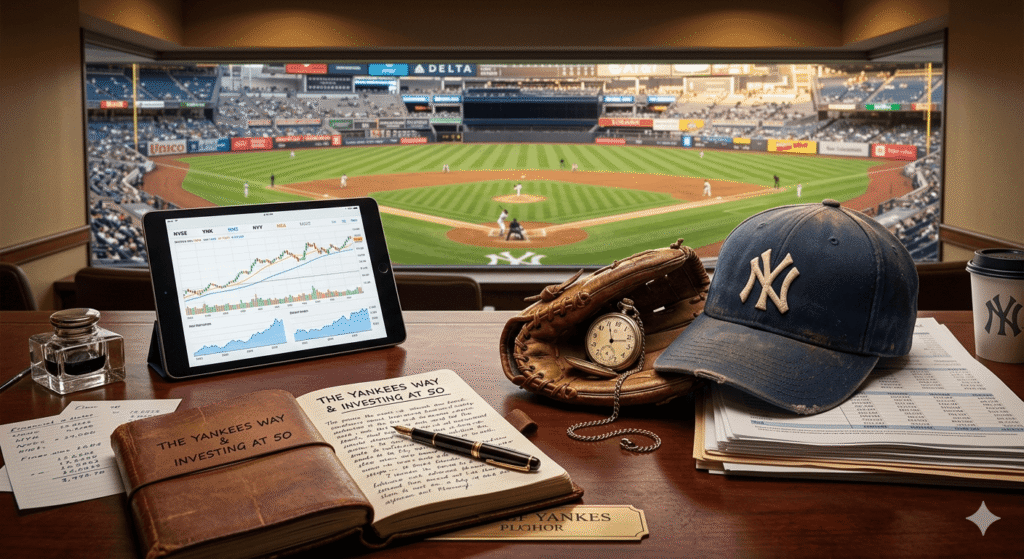 "A desk overlooking a baseball stadium with a tablet displaying stock market data, a vintage baseball glove, a cap, and a notebook titled 'The Yankees Way & Investing at 50' representing long-term financial strategy."