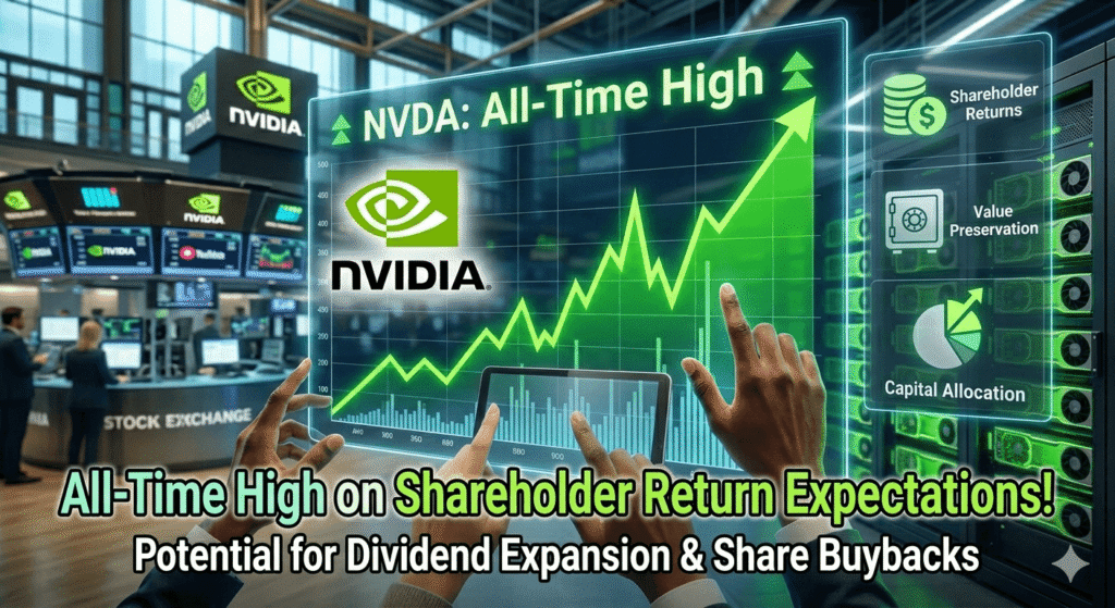 "NVIDIA stock price chart hitting an all-time high, highlighting potential shareholder returns, dividends, and share buybacks."