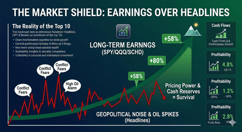 "A professional investor's desk with a computer monitor showing a stable, upward-trending growth chart, symbolizing resilience against market volatility. The scene is calm and focused, contrasting with the chaotic nature of headline news."