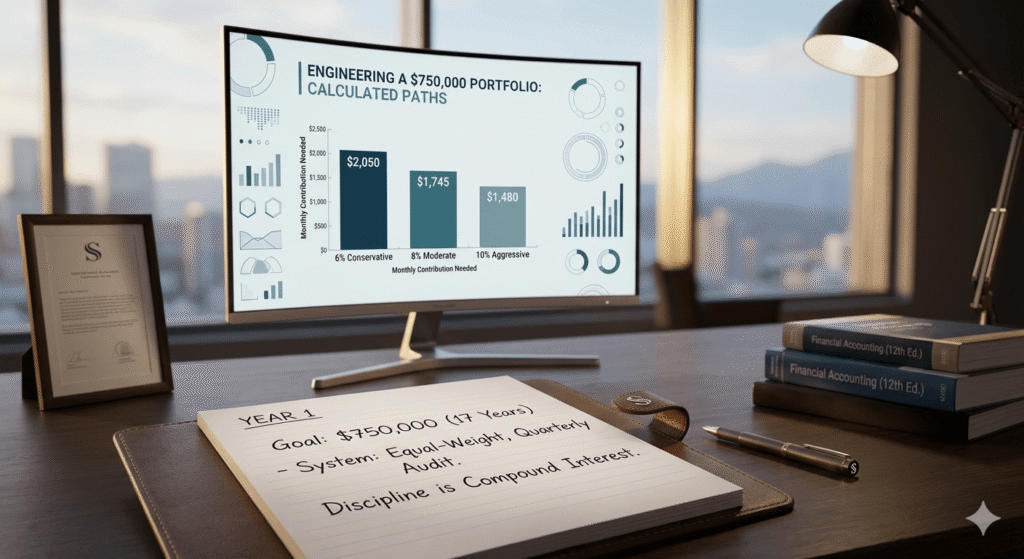 "Computer monitor displaying an investment calculator chart titled 'Engineering a $750,000 Portfolio: Calculated Paths', illustrating required monthly contributions of $2,050, $1,745, and $1,480 to reach a $750,000 goal over 17 years at different annual return rates. In the foreground, a professional notebook reads 'Year 1: Goal: $750,000 (17 Years) - System: Equal-Weight, Quarterly Audit - Discipline is Compound Interest.'"
