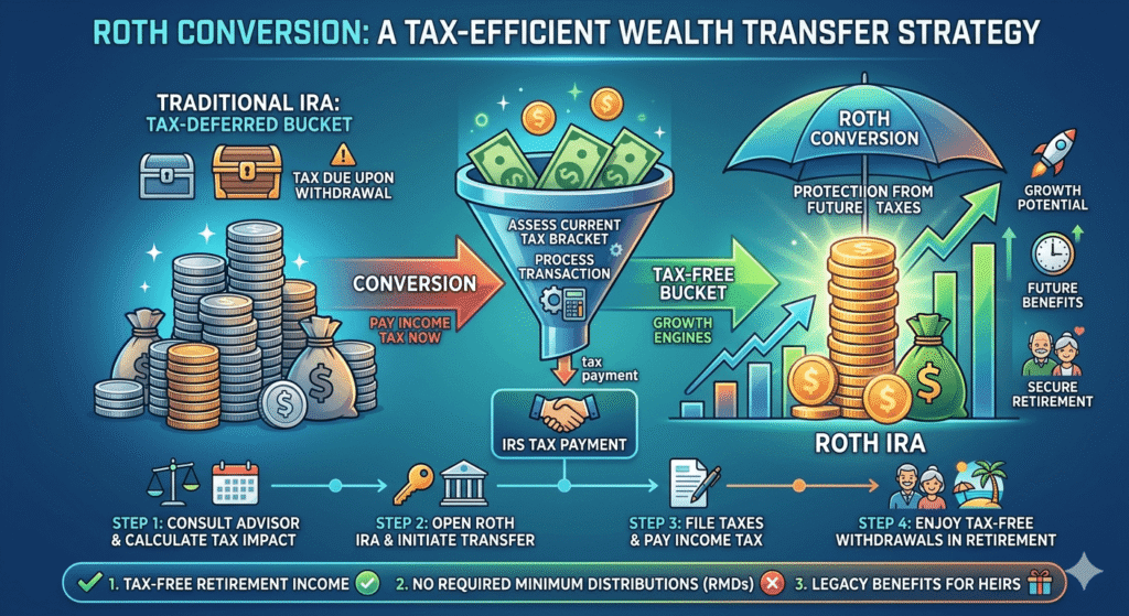 "Infographic illustrating the Roth Conversion process: moving funds from a Traditional IRA to a Roth IRA, paying income tax now, and enjoying tax-free growth and withdrawals for retirement."