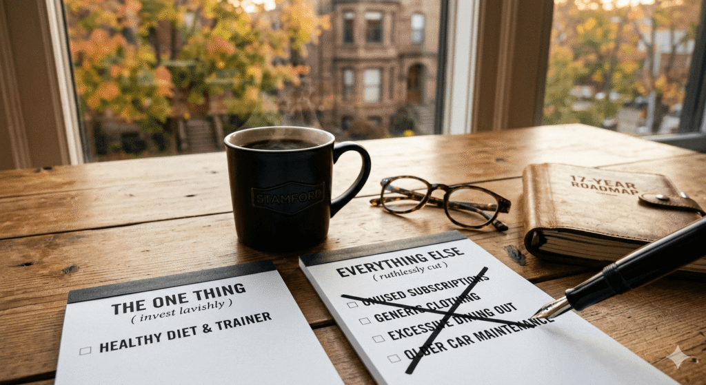 A thoughtful Korean-American small business owner's curated work desk in a Stamford, Connecticut, home office, showcasing selective frugality with a pen ruthlessly crossing out unnecessary expenses like "UNUSED SUBSCRIPTIONS" and "EXCESSIVE DINING OUT" while prioritizing a "ONE THING" on a notepad, with a cup of coffee and a "17-YEAR ROADMAP" leather journal nearby.