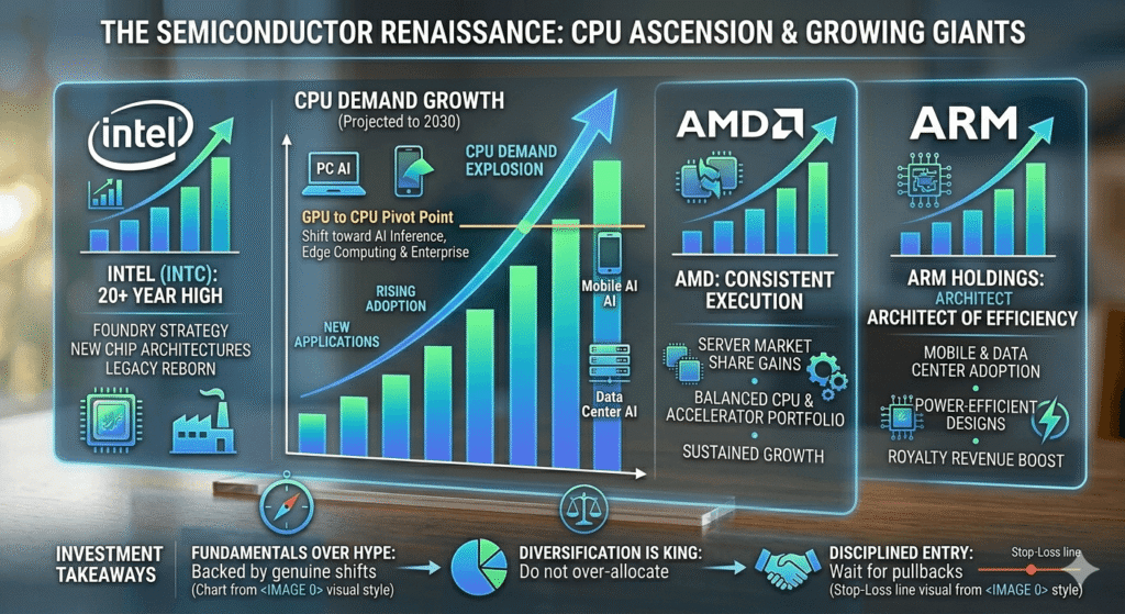Semiconductor industry trend chart showing the shift from GPU demand to CPU demand with Intel, AMD, and ARM logos.
