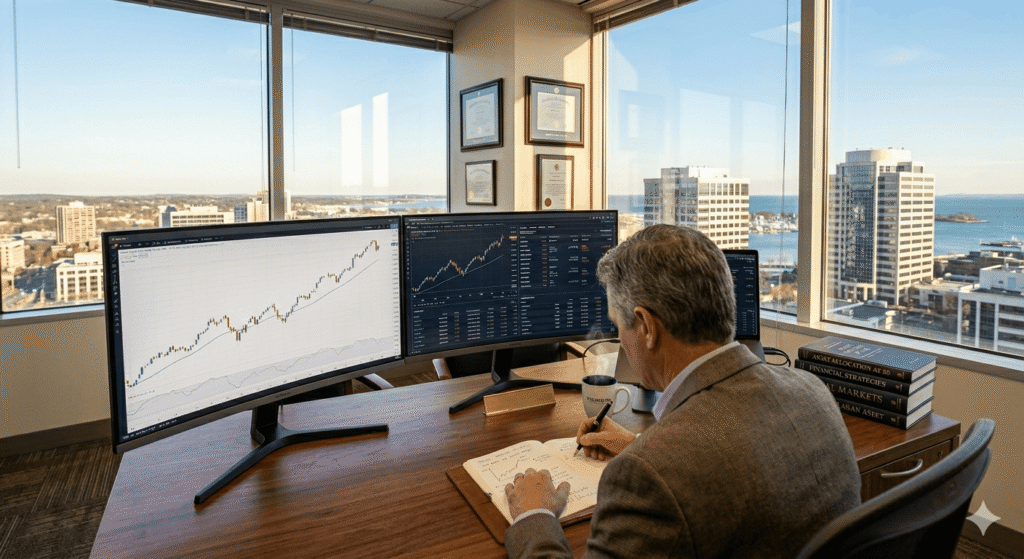 "A professional working at a desk in a high-rise office in Stamford, viewed from behind, analyzing data on multiple monitors and taking notes to represent turning decades of business experience into a successful side hustle."