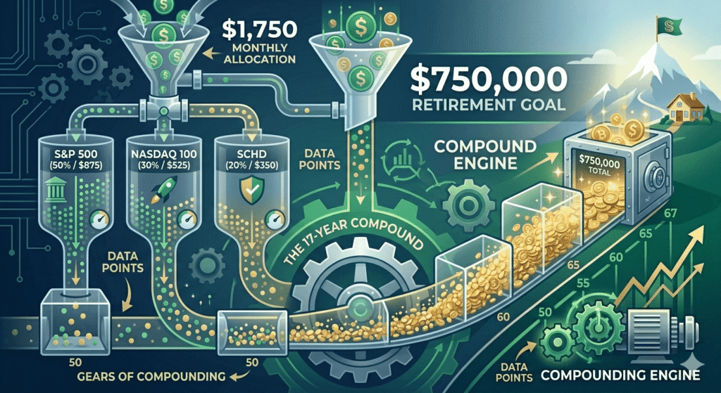 "An infographic illustrating a disciplined retirement strategy to reach a $750,000 goal. A mechanical pipeline splits a $1,750 monthly allocation into S&P 500 (50%), Nasdaq 100 (30%), and SCHD (20%). The capital flows through a compounding engine over 17 years (age 50 to 67), showing a hockey-stick growth curve towards a final vault filled with assets at the serene mountain peak of retirement success."