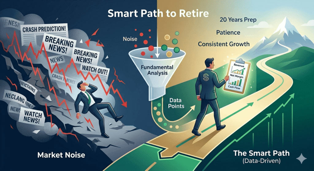 "An illustration contrasting overwhelming market news noise against a calm, data-driven investment approach. A professional investor uses fundamental analysis to navigate a clear, upward path toward a mountain peak, representing a smart and reliable approach to retirement planning."