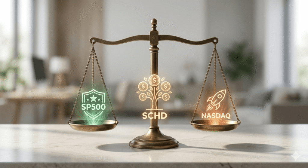 "A metaphoric conceptual photo of a perfectly balanced brass scale holding three luminous holographic ETF icons in a peaceful home office. Under the left pan is a stable green S&P 500 shield; under the right, a dynamic orange Nasdaq 100 rocket; centrally, a warm gold SCHD dividend tree. It visualizes an optimal and stable retirement asset allocation strategy."