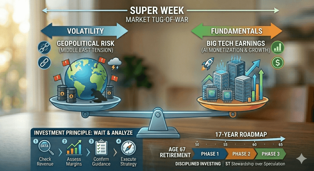"A financial scale infographic balancing geopolitical risk against corporate earnings, representing a disciplined investment strategy."