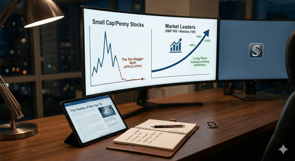 "A conceptual graphic contrasting the volatile, risky 'Ten-Bagger' small-cap stocks with the steady, upward growth of market-leading Big Tech companies (S&P 500/Nasdaq 100). The image emphasizes long-term compounding over short-term speculation for retirement planning."