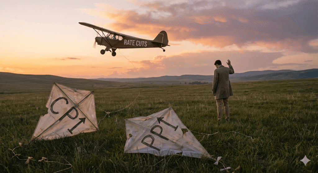 "A conceptual image showing 'CPI' and 'PPI' kites crashed on the ground, with a vintage airplane labeled 'RATE CUTS' flying away into the distant sunset, symbolizing fading hopes for interest rate cuts due to rising inflation."