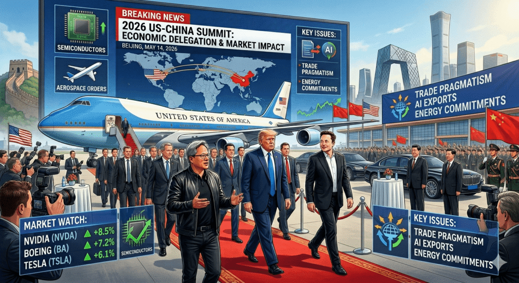 "A conceptual illustration of the 2026 US-China Summit in Beijing. President Donald Trump walks on a red carpet with Elon Musk and Jensen Huang in front of Air Force One. Background features a large news screen displaying 'Economic Delegation & Market Impact' with stock tickers for NVIDIA, Boeing, and Tesla, alongside icons for semiconductors and aerospace orders."