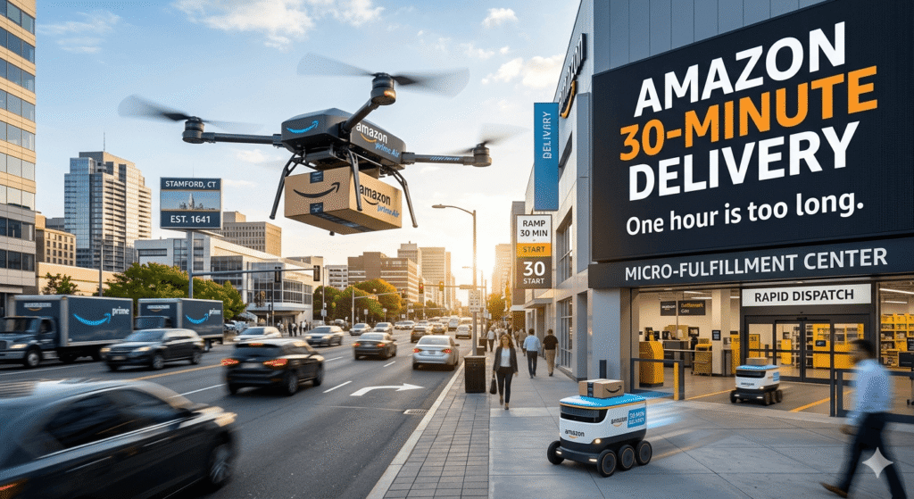 An Amazon Prime Air drone and delivery robot departing from a Micro-Fulfillment Center in a city, illustrating the 30-minute delivery service with the slogan 'One hour is too long.'