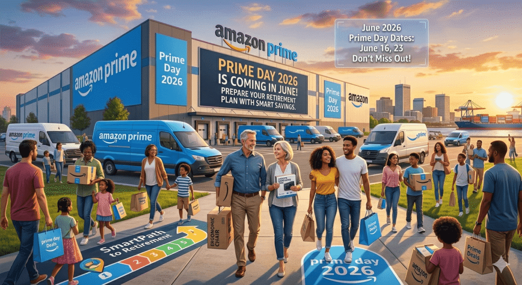 A vibrant scene at an Amazon Prime fulfillment center with a large banner announcing 'Prime Day 2026 is coming in June.' Diverse people, including a middle-aged couple in their 50s, are walking with Amazon boxes labeled 'Ergonomic Chair' and 'Health Monitoring Tech.' The ground features a 'SmartPath to Retirement' graphic, and the background shows a sunset over a city skyline, symbolizing strategic financial planning and smart savings for the future.