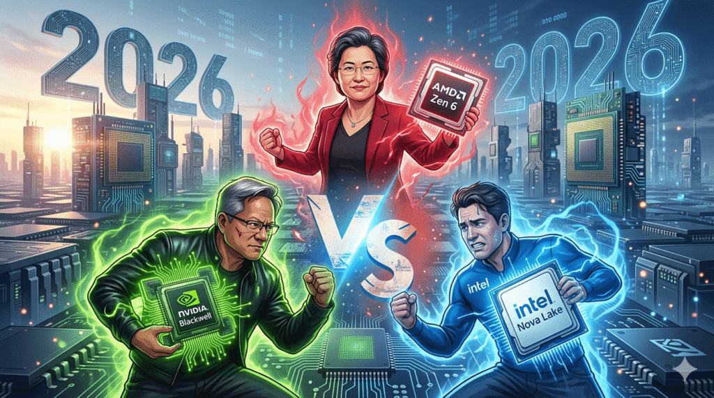 An illustrative image of Lisa Su representing a triumphant AMD with a glowing red Zen 6 chip at the center of a dynamic technology arena. Below her, figures representing NVIDIA with a green Blackwell chip and Intel with a blue Nova Lake chip are locked in conflict with glowing trails of energy colliding, forming a large "VS" to symbolize the 2026 semiconductor showdown. The background is a futuristic city made of microprocessors.