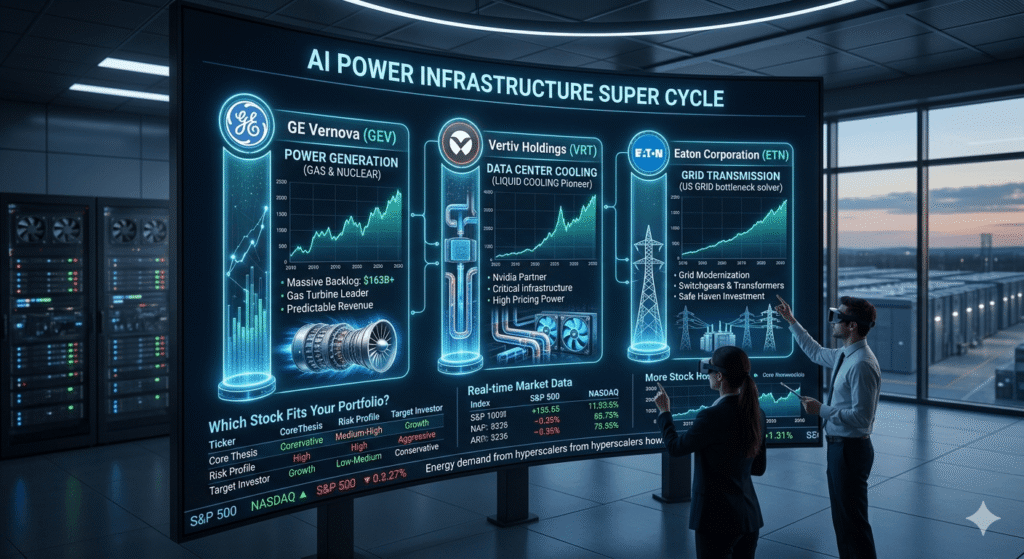 An interactive data dashboard display analyzing the top 3 US AI power stocks, including GE Vernova (GEV) for power generation, Vertiv (VRT) for data center liquid cooling, and Eaton (ETN) for grid transmission, in a high-tech monitoring room.