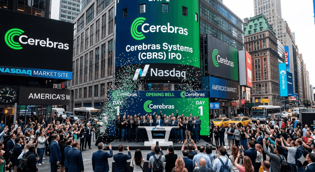 A wide-angle photograph of the Cerebras Systems (CBRS) IPO celebration at the Nasdaq MarketSite in Times Square, New York City. The massive electronic tower and surrounding digital billboards are covered in bright green Cerebras logos and text reading 'Cerebras Systems (CBRS) IPO' and 'Opening Bell'. A large crowd of executives, traders, and onlookers are gathered on the street below, cheering and taking photos as green confetti rains down from the stage.