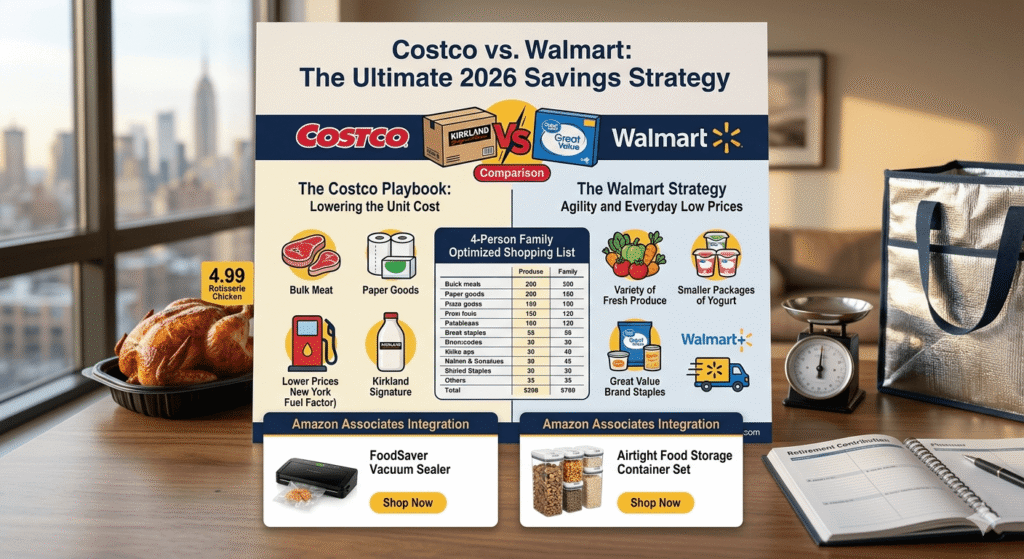 An infographic titled "Costco vs. Walmart: The Ultimate 2026 Savings Strategy" for a New York family, comparing bulk buying at Costco with fresh produce flexibility at Walmart, including shopping lists and kitchen gadgets for Amazon Associates integration.
