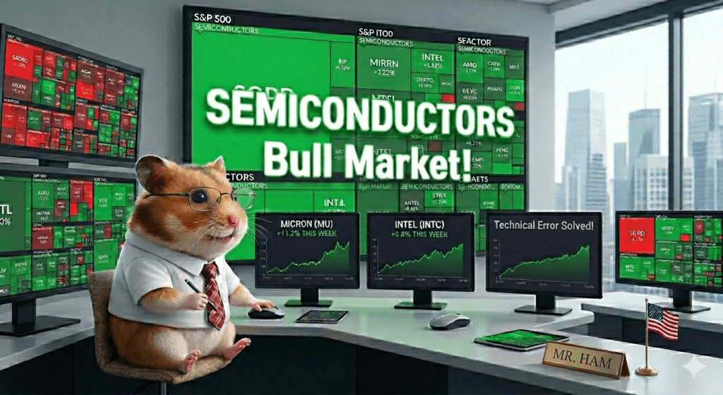 An intelligent-looking hamster named 'MR. HAM' wearing glasses and a necktie, managing multiple financial monitors at an office desk. The background features an S&P 500 heatmap with large text reading 'SEMICONDUCTORS Bull Market!', while the desk monitors display weekly growth charts for Micron and Intel alongside a 'Technical Error Solved!' notification.