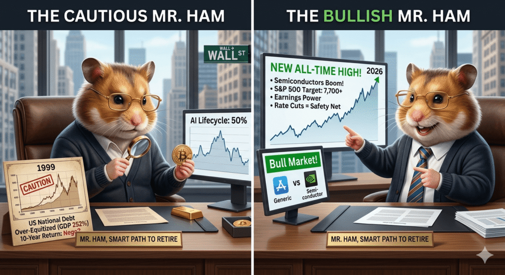 A split-panel realistic animation image showing a 50-year-old hamster boss, Mr. Ham, with glasses and a serious expression, carefully holding a Bitcoin icon while analyzing a miniature '1999 CAUTION' chart labeled with 'US National Debt' and 'Over-Equitized (GDP 252%)' on the left. On the right, an identical Mr. Ham with a celebratory smile and necktie points enthusiastically toward a large monitor displaying a clear upward-trending '2026' stock graph with 'NEW ALL-TIME HIGH!' text and 'S&P 500 Target: 7,700+' and 'Semiconductors Boom!' labels. Both Mr. Hams are seated at a wooden desk with a nameplate that reads 'MR. HAM, SMART PATH TO RETIRE' and a blurred New York City skyline window view, representing the contrasting cautious views of Paul Tudor Jones and the bullishness of Tom Lee.