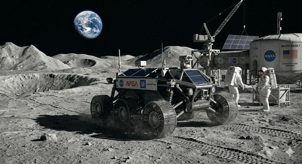 A cinematic photograph capturing NASA’s Moon Base construction site. A Lunar Outpost rover, powered by GM technology and featuring Goodyear airless metal tires, navigates the rugged terrain. Two astronauts work near the base module with the Earth in the background.