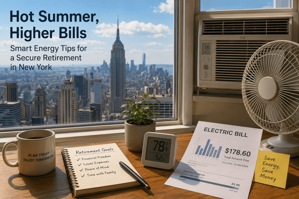 A New York apartment desk scene showing an electric bill, air conditioner, and energy-saving notes, with a city skyline in the background, illustrating rising summer electricity costs and retirement planning awareness.