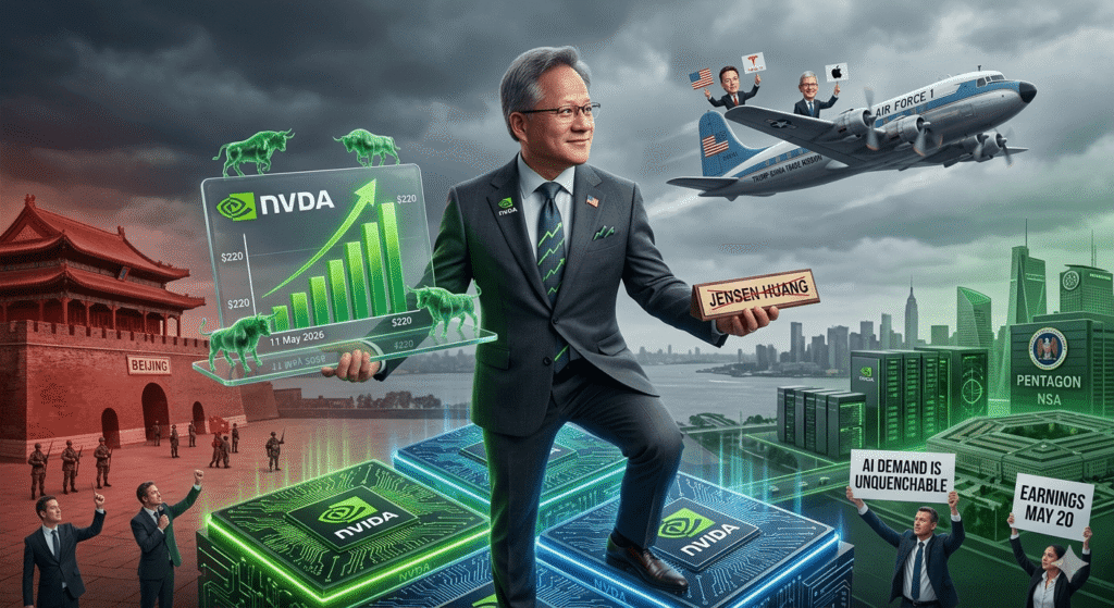 An editorial illustration shows Jensen Huang, CEO of Nvidia, left out of the 'TRUMP-CHINA TRADE MISSION' on May 11, 2026. The Air Force 1 jet, carrying leaders to 'BEIJING,' takes off while Huang stands on the ground, holding a transparent tablet. The tablet clearly displays a soaring 'BULL MARKET' graph, with a 'NVDA' price of '$220', and text reading 'EXCLUDED FROM TRADE MISSION, BUT MARKET ON FIRE!' The background depicts the US 'PENTAGON NSA' side contrasted with the Chinese side, illustrating the geopolitics affecting Nvidia's stock.