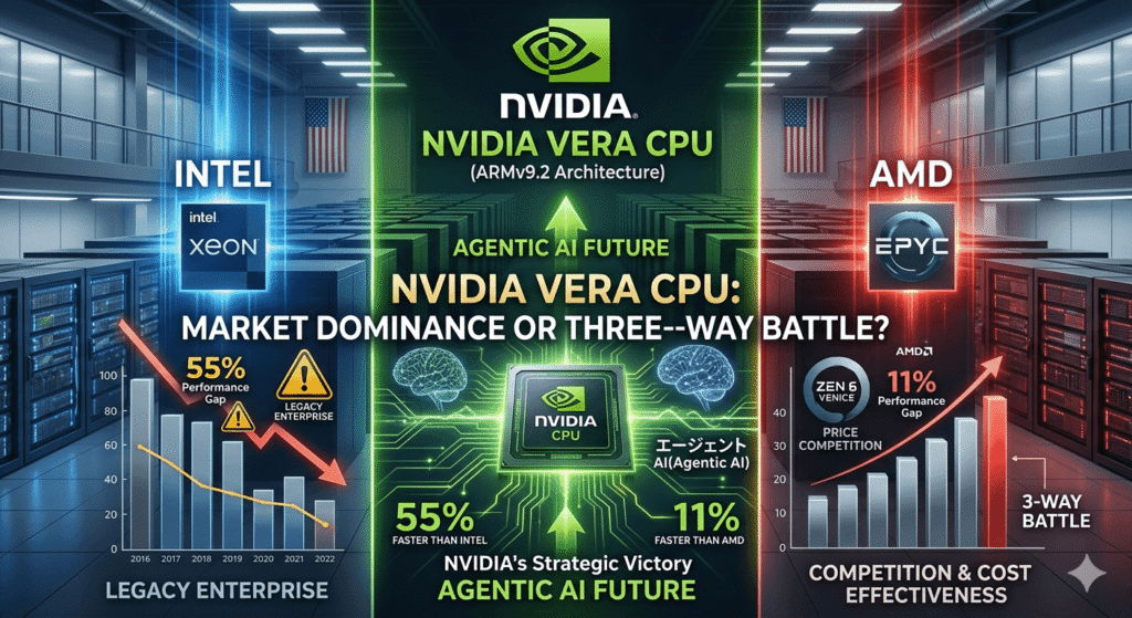 An infographic showing the Nvidia Vera CPU in the center of a data center, positioned between Intel Xeon and AMD EPYC server chips to illustrate the three-way server market battle.