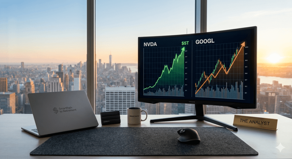 A professional investor's desk in 2026, showing a curved monitor comparing Nvidia (NVDA) and Alphabet (GOOGL) stock charts racing towards a $5 trillion market capitalization, with a MacBook and SAMSUNG T7 Shield SSD in the foreground and the Manhattan skyline at sunrise. This visual complements the SmartPath to Retirement blog's analysis of the AI stock market leaders.