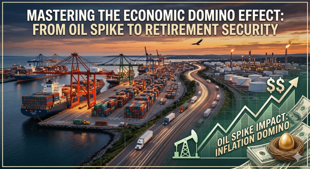 A professional infographic illustrating the economic domino effect of rising oil prices. An oil pump causes an upward-trending stock market graph, which then triggers a sequence of toppling dominoes labeled Inflation, Rising Interest Rates, Reduced Purchasing Power, and Investment Volatility, finally threatening a piggy bank labeled Retirement Fund. The graphic represents strategic financial planning.