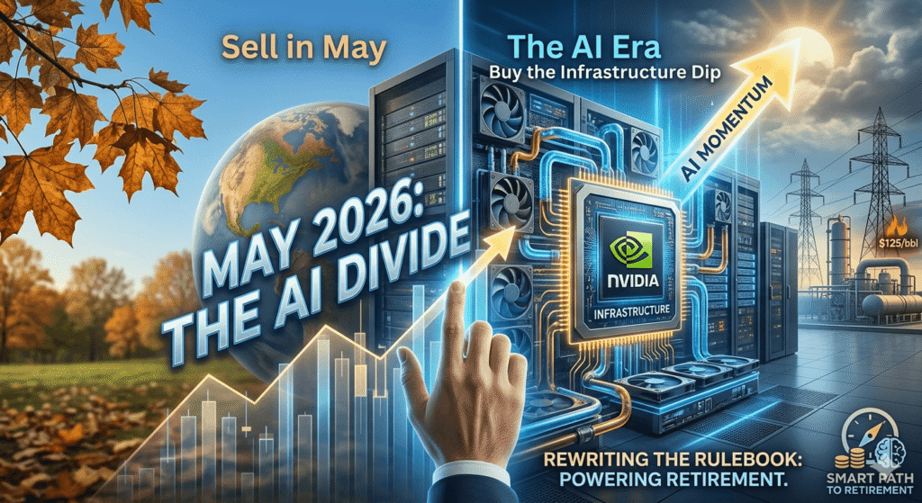 A comparative image illustrating the 'Sell in May and Go Away' adage versus the modern AI era. The left side shows fallen autumn leaves, a blurred globe, and a stagnant stock chart, representing the traditional seasonal lull. The right side features advanced data center server racks, NVIDIA AI infrastructure chips (like the H100), and a rising 'AI MOMENTUM' arrow with $6,900, symbolizing tech-driven growth. The background includes oil rigs with a '$125/bbl' price tag, visualizing geopolitical and inflation risks. The bottom features the 'SMART PATH TO RETIREMENT' logo for a blog.