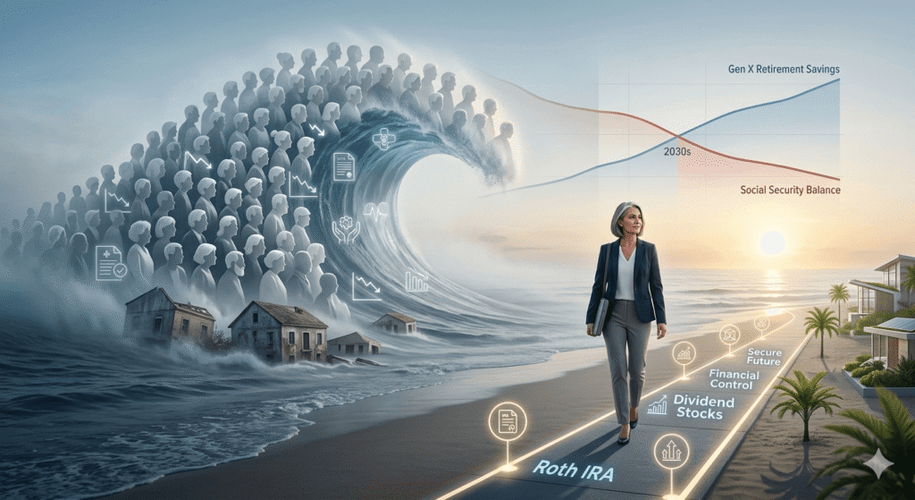 A symbolic illustration showing a Gen X woman walking on a secure pathway labeled "Roth IRA" and "Dividend Stocks" while a massive metaphorical wave of seniors, representing the "Silver Tsunami," crashes behind her with a decreasing Social Security graph.