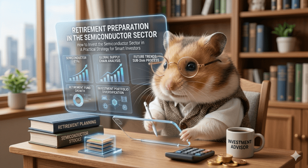 "A professional and cute, slightly chubby hamster wearing gold-rimmed glasses and a vest, acting as a financial advisor. The hamster is sitting at a desk with a holographic display showing 'Retirement Preparation in the Semiconductor Sector' with various stock charts and investment data. The background shows a cozy home office with books and a city view through the window."
